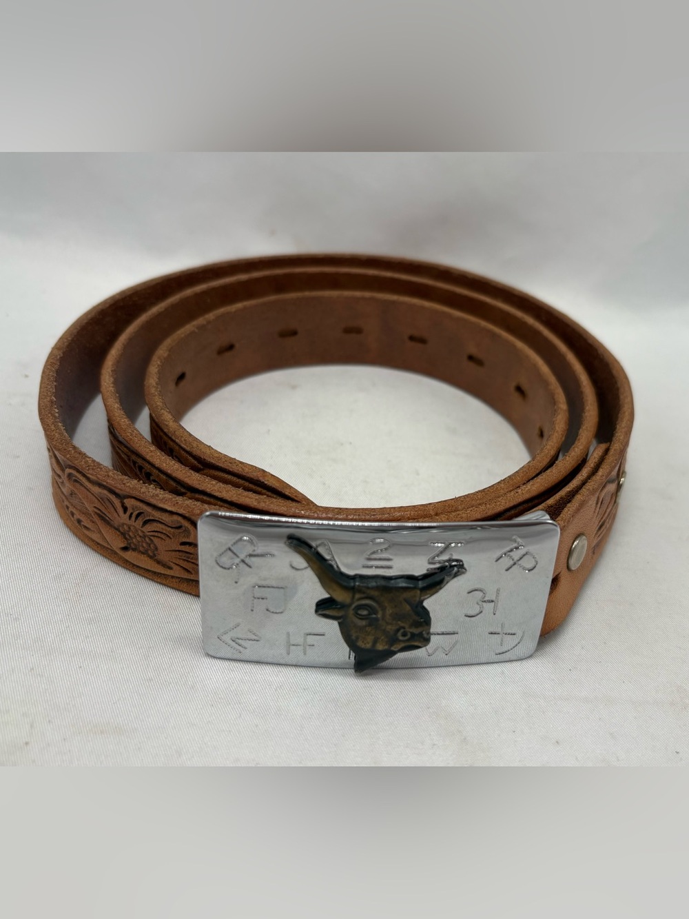 Rex Bell’s Las Vegas Belt Mens 42 Brown Tooled Leather Silver Buckle Western